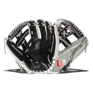Front view showing the black palm with embossed "A2000" and "Wilson" text, grey laces, and a white and red "W" logo on the grey snakeskin-patterned exterior.