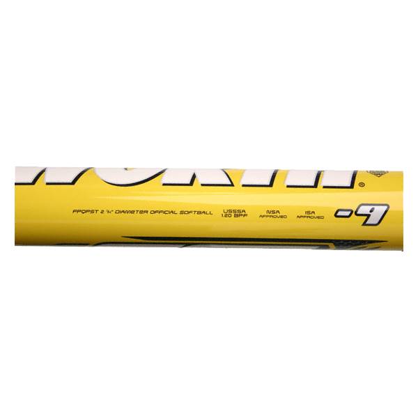 Side view of a yellow softball bat with FPQPST 2 1/4 DIAMETER OFFICIAL SOFTBALL, USSSA 120 BPF, USA APPROVED, and ISA APPROVED text.
