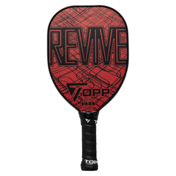 Front view of a red pickleball paddle with black REVIVE text, TOPP USA logo, and a black grip.