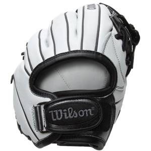 Side view of a white Wilson fastpitch glove with black lacing and a black wrist strap.