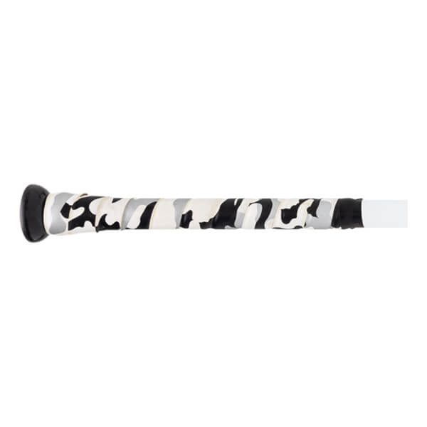 Side view of a baseball bat with a black end cap and a white, black, and gray camouflage grip.