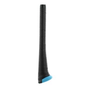 Close-up of a black baseball bat grip with a textured pattern and a blue end cap.