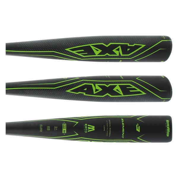 Bottom view of a black baseball bat with green AXE branding and ELEMENT text.