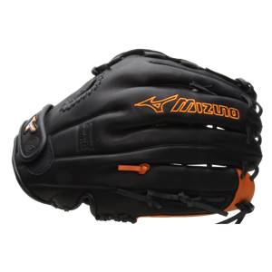 Side view of a black Mizuno baseball glove with orange logo and orange accents.