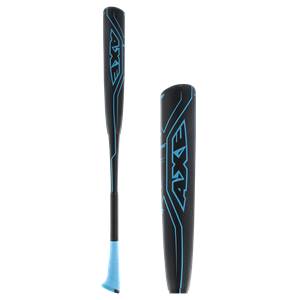 Side view of a black baseball bat with blue AXE branding and a light blue grip.