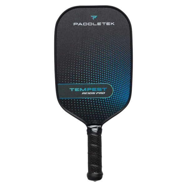 Front view of a black pickleball paddle with blue gradient dots and TEMPEST REIGN PRO text.