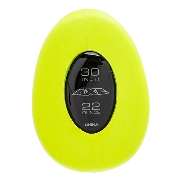 End view of a neon yellow baseball bat with 30 INCH, AXE, 22 OUNCE, and CHINA printed on a black oval.