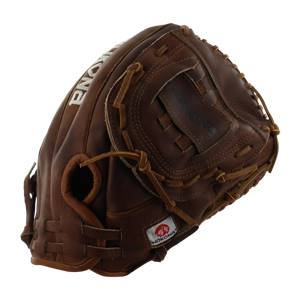 Side view of a brown leather softball glove with white Nokona lettering and a red and white logo patch.