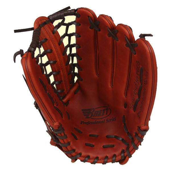 Front view of a brown Brett Professional Series baseball glove with dark brown lacing and a Brett logo.