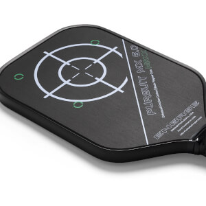 Corner view of a black pickleball paddle with a target design, PURSUIT MX 6.0 MAXX text, and Engage branding.