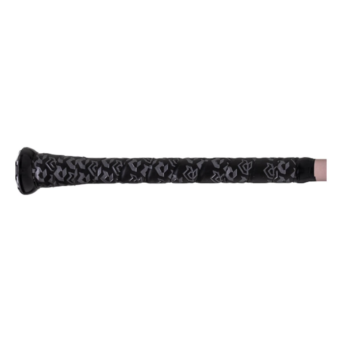 Side view of a black baseball bat handle with a grey DeMarini patterned grip, black knob, and rose gold barrel.