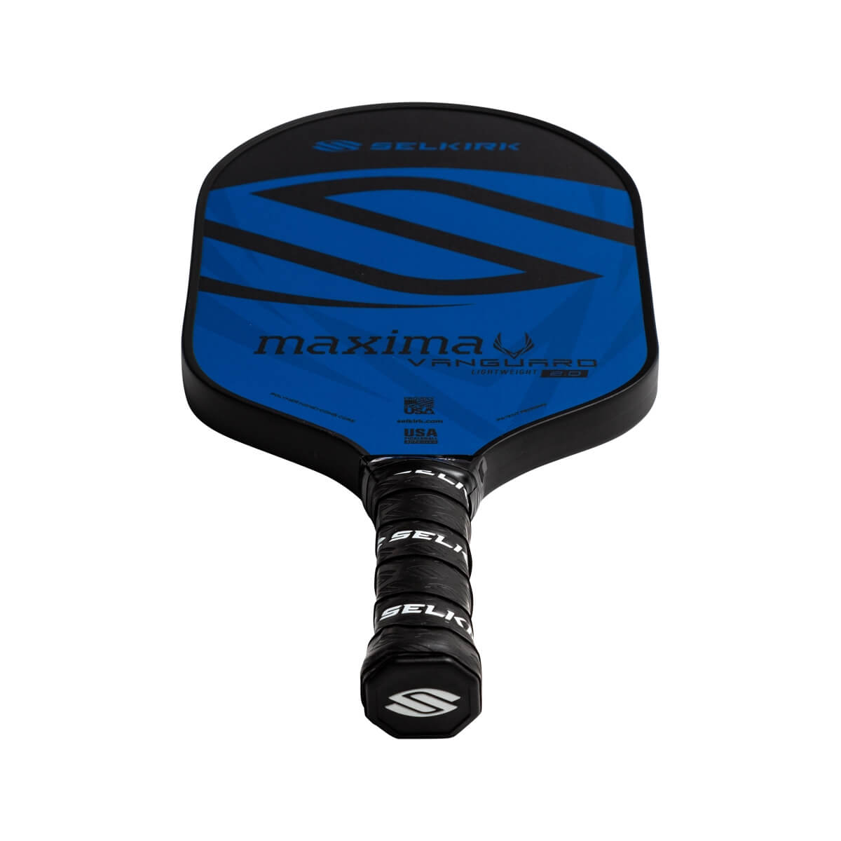 Front view of a blue and black pickleball paddle with maxima and VANGUARD 2.0 text.