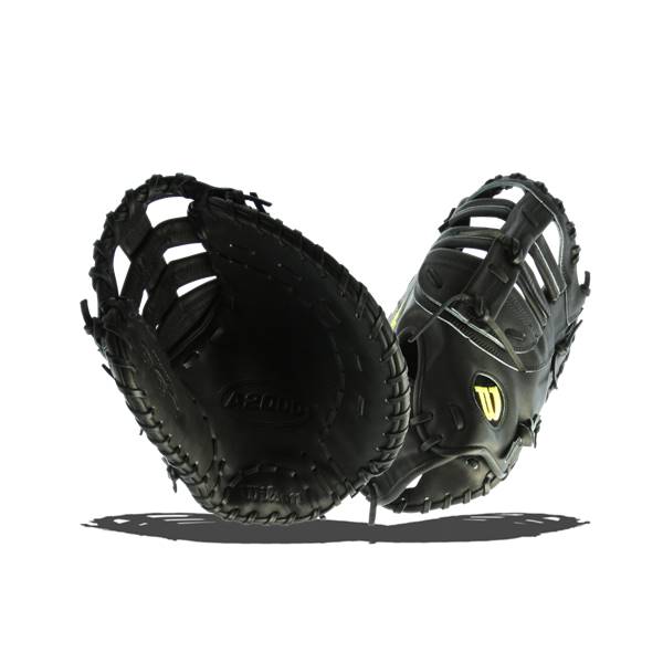 Two-thirds view of a black Wilson A2000 first base mitt with yellow stitching and a W logo.