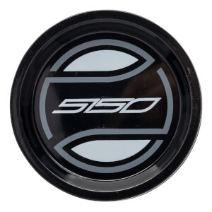 Top-down view of a black baseball bat end cap with a white 5150 logo and grey accents.