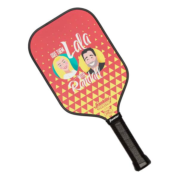Front view of a red pickleball paddle with cartoon portraits and Give Them Lala... With Randall text.