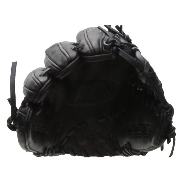 Top-down view of a black baseball glove with A1K embossed on the palm and a laced web.
