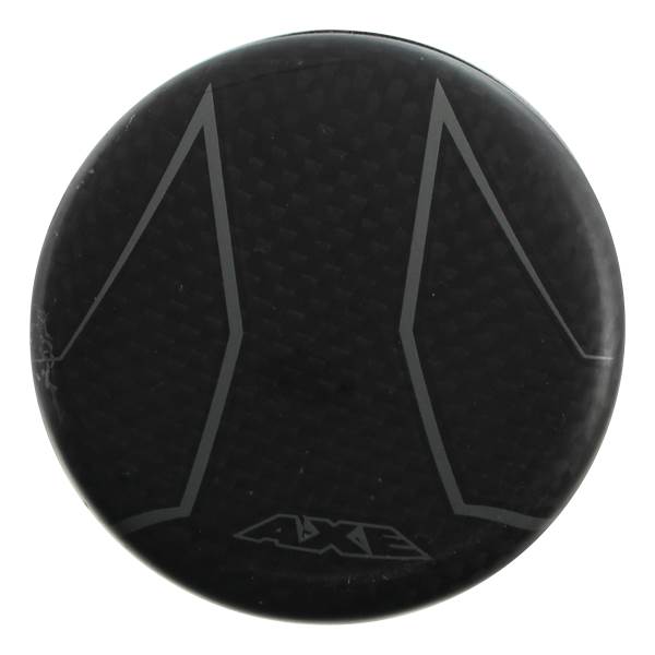 Top-down view of a black baseball bat with a carbon fiber pattern and AXE logo.