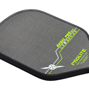 Corner view of a black pickleball paddle with a textured surface, REBEL PRO XLT LX II SERIES text, and a Prolite logo.
