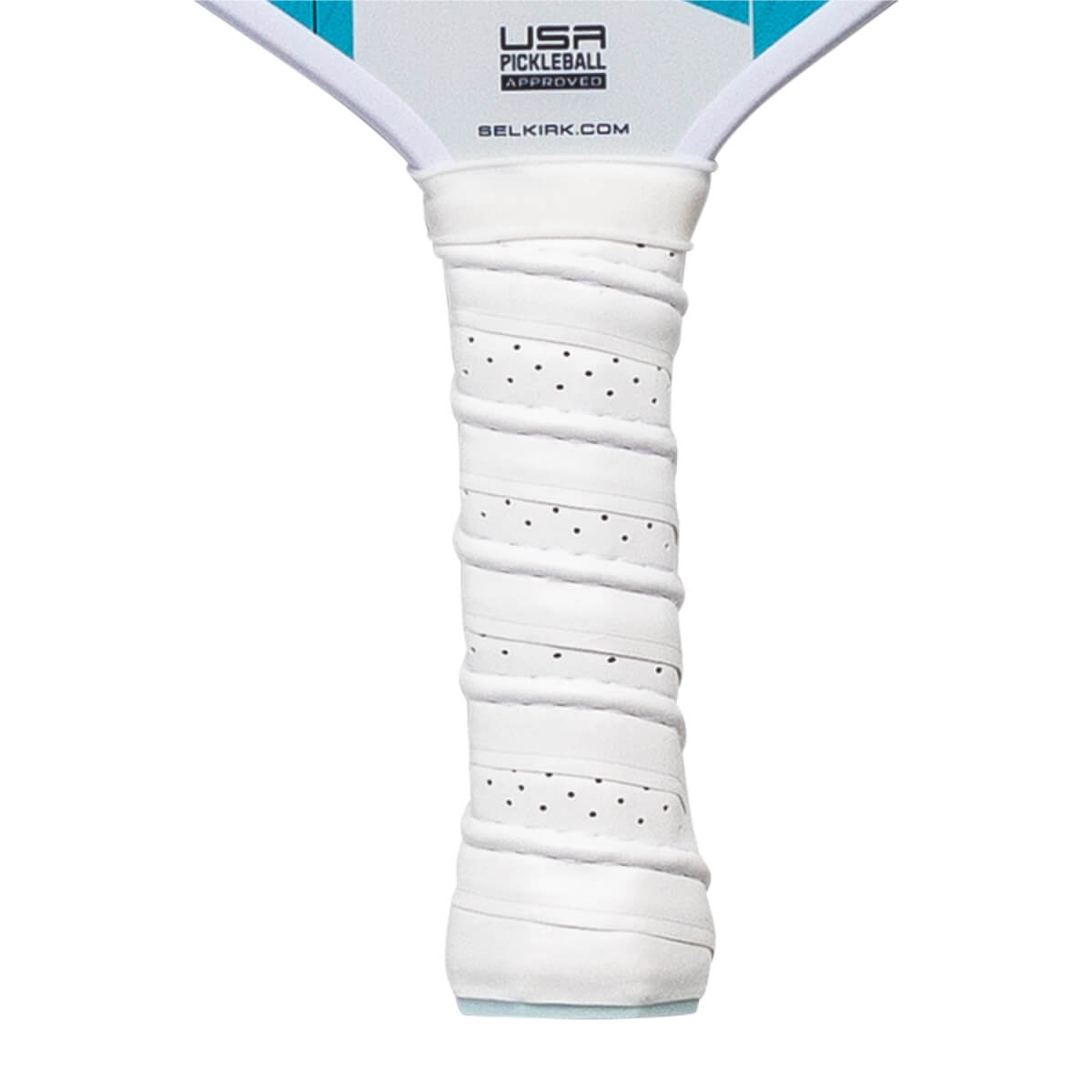 Close-up of a white pickleball paddle grip with perforated texture and USA Pickleball Approved logo.