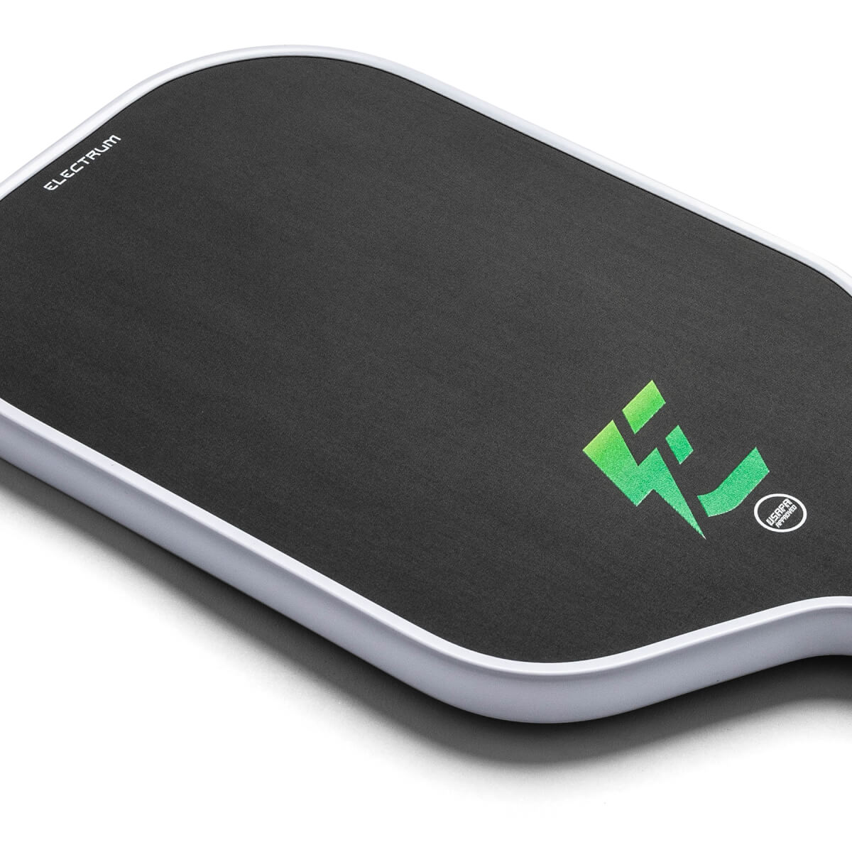 Top-down view of a black pickleball paddle with ELECTRUM text and a green lightning bolt logo.
