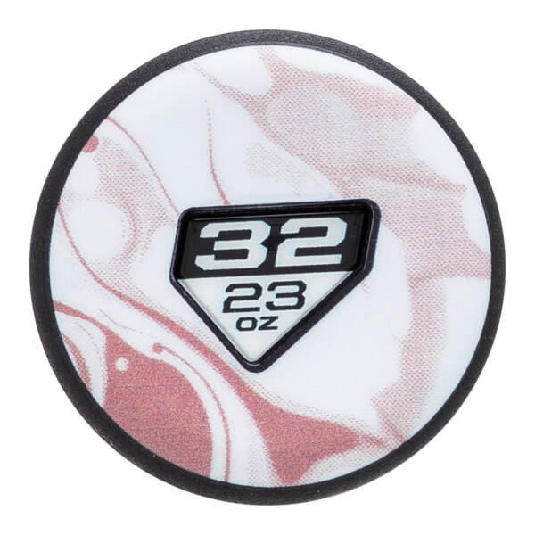 Top-down view of a white and pink fastpitch softball bat end cap with a marble pattern and a black 32 23 OZ insert.