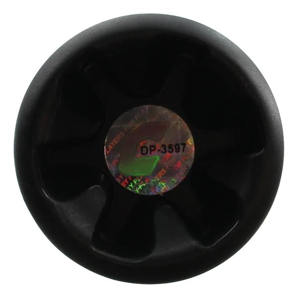 End view of a black softball bat with a circular sticker showing DP-3597 and PLAYERS FOR PLAY.