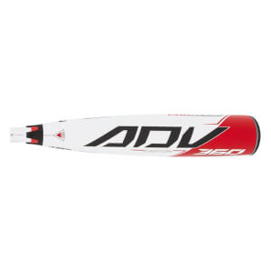 Side view of a white baseball bat with black ADV branding and a red end cap.