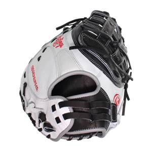 Top-down view of a white and black first base mitt with red Rawlings branding and THE GOLD GLOVE CO. text.