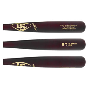 Detail views of a dark reddish-brown baseball bat with gold LS logo, LOUISVILLE SLUGGER, and PLAYERS CUT text.