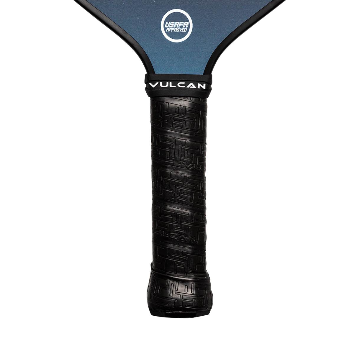 Close-up of a black pickleball paddle grip with VULCAN branding and a USAPA Approved logo.