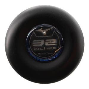 Top-down view of a black baseball bat end cap with 32 inches and Made in China text.