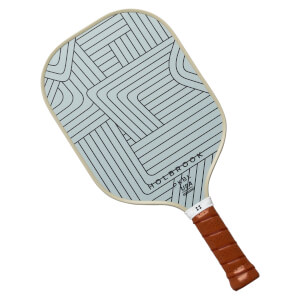 Front view of a light blue pickleball paddle with a geometric pattern, HOLBROOK text, and a brown grip.