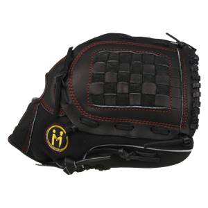 Side view of a black baseball glove with red stitching and a woven pocket.