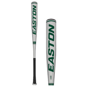 Side view of a silver baseball bat with green EASTON lettering and a black grip.