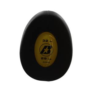 End cap view of a black baseball bat with yellow branding, 32 in., 29 oz., and CHINA.