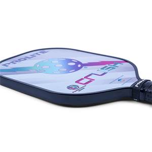 Side view of a blue pickleball paddle with PROLITE and CRUSH text and a colorful graphic.