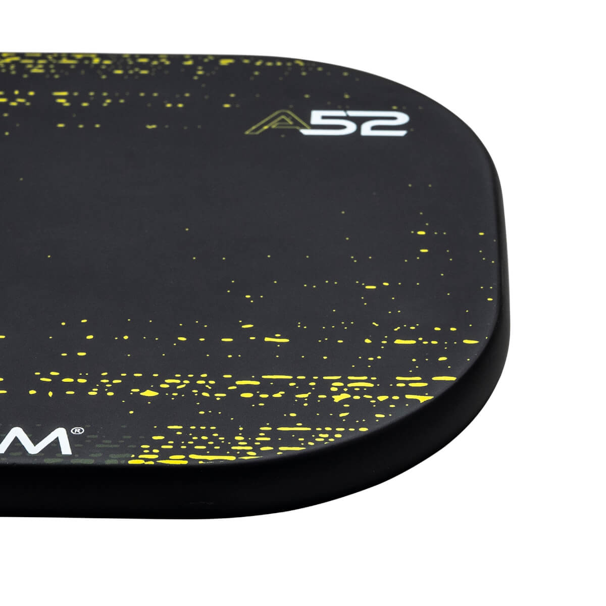 Corner view of a black pickleball paddle with yellow speckle pattern and A52 logo.