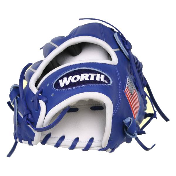 Front view of a royal blue baseball glove with white lining, WORTH logo, and American flag detail.