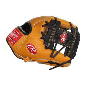 Side view of a tan baseball glove with black lacing and red Rawlings logo.