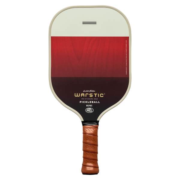 Front view of a white and red pickleball paddle with Warstic branding and a brown grip.