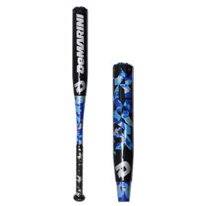 Side view of a black baseball bat with blue geometric patterns and DeMarini text.