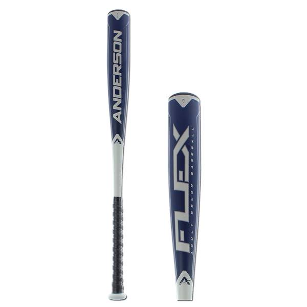 Side view of a blue and white baseball bat with ANDERSON and FLEX branding.