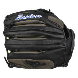 Front view of a black Easton Synergy Fastpitch Series glove with grey accents and a blue logo.