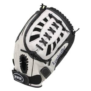 Front view of a white and black Louisville Slugger fastpitch glove with black lacing and TPS branding.