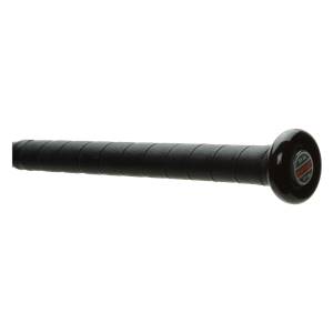 Side view of a black baseball bat with a perforated grip and a circular end cap showing 31 in and 21 oz.