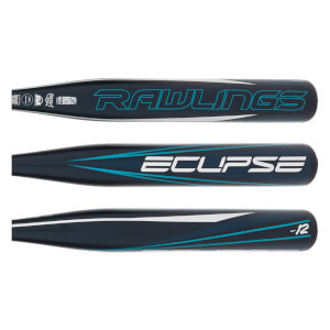 Top-down view of a dark blue fastpitch softball bat with RAWLINGS and ECLIPSE text and -12 marking.
