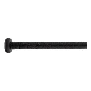 Side view of a black baseball bat with a textured grip and black end cap.