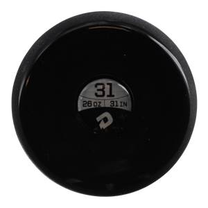 End cap view of a black baseball bat with 31, 26 OZ, 31 IN, and a DeMarini logo.