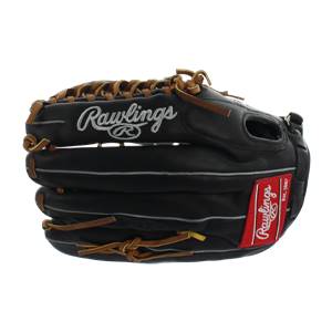 Front view of a black baseball glove with white Rawlings embroidery and a red Rawlings Est. 1887 patch.