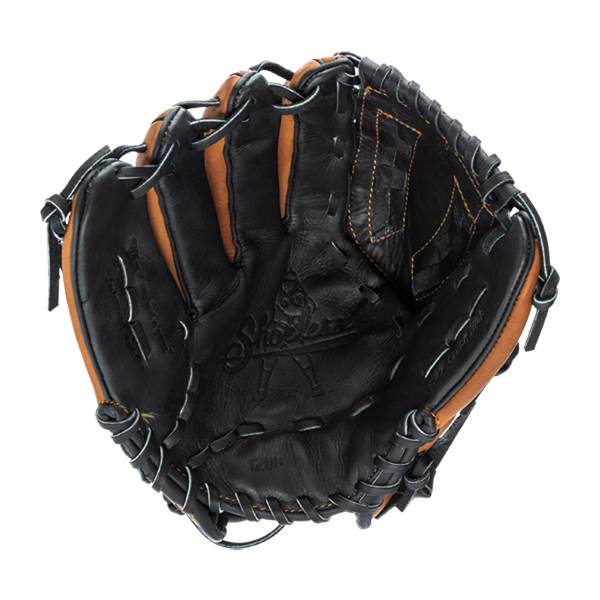Interior view of a black baseball glove with tan accents and Shoeless Joe embossed on the palm.
